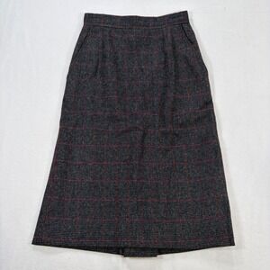 The Villager Size 4 Petites Vintage Plaid Wool Blend Midi Skirt Grey Red USA